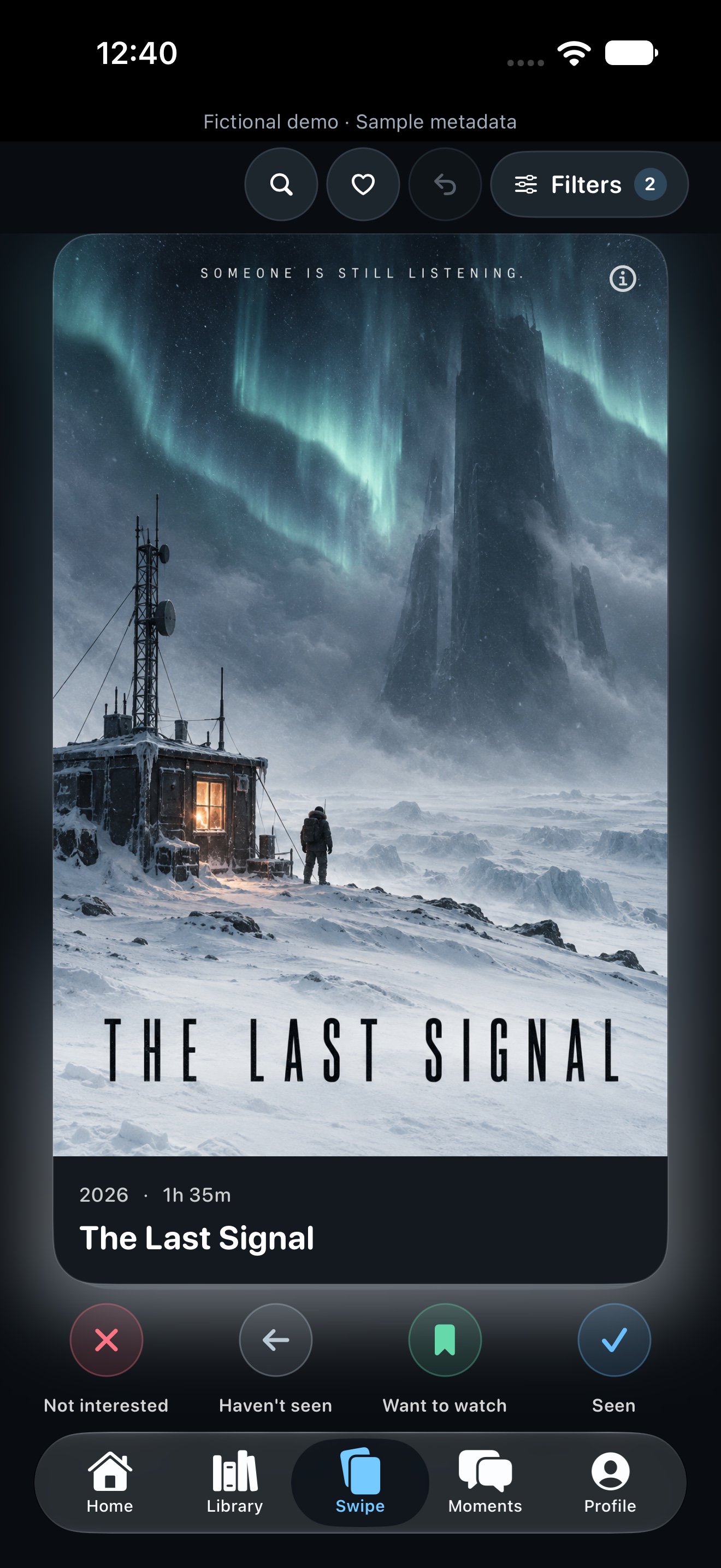 Movie Scene fictional demo showing The Last Signal, filters, undo, and four classification choices