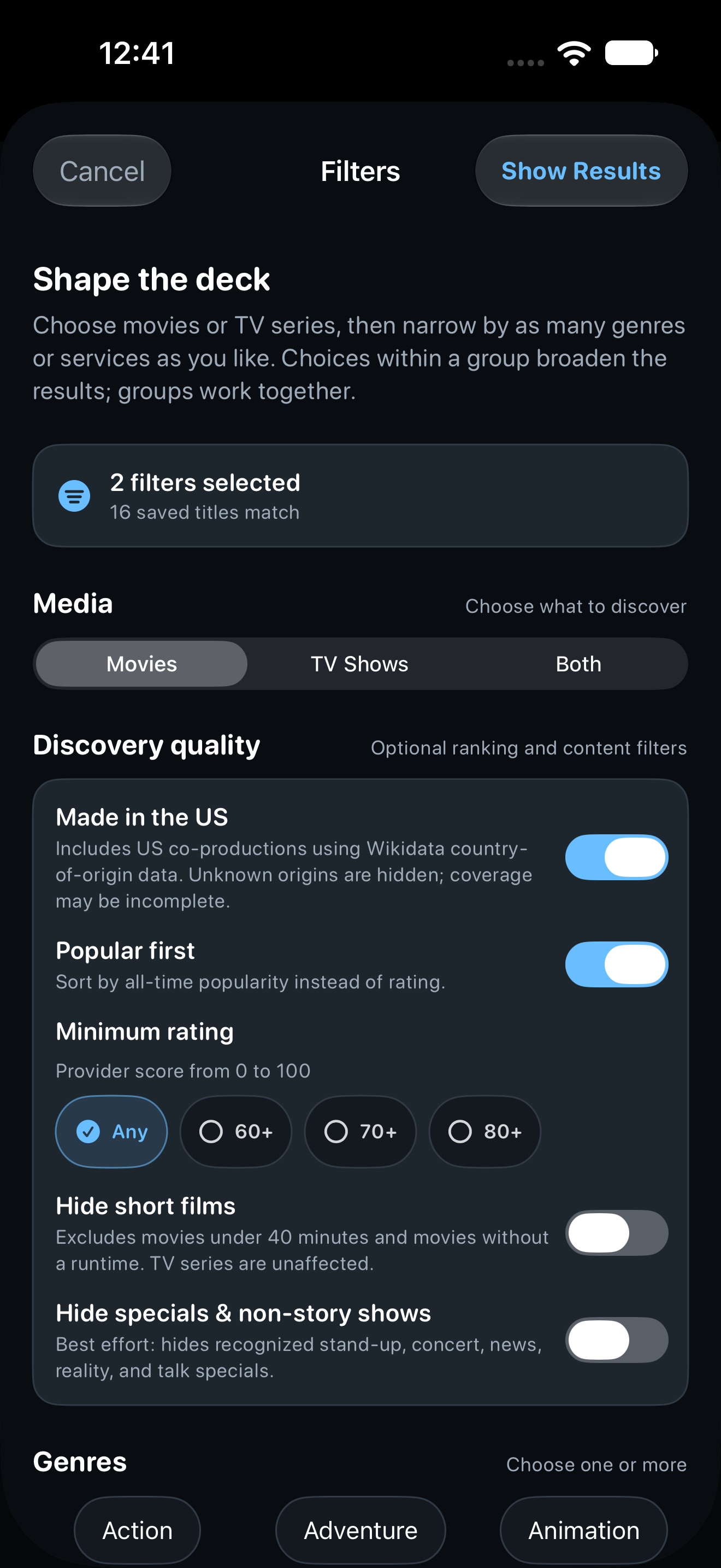Movie filters in the fictional demo workspace, with genres and multiple streaming service selections