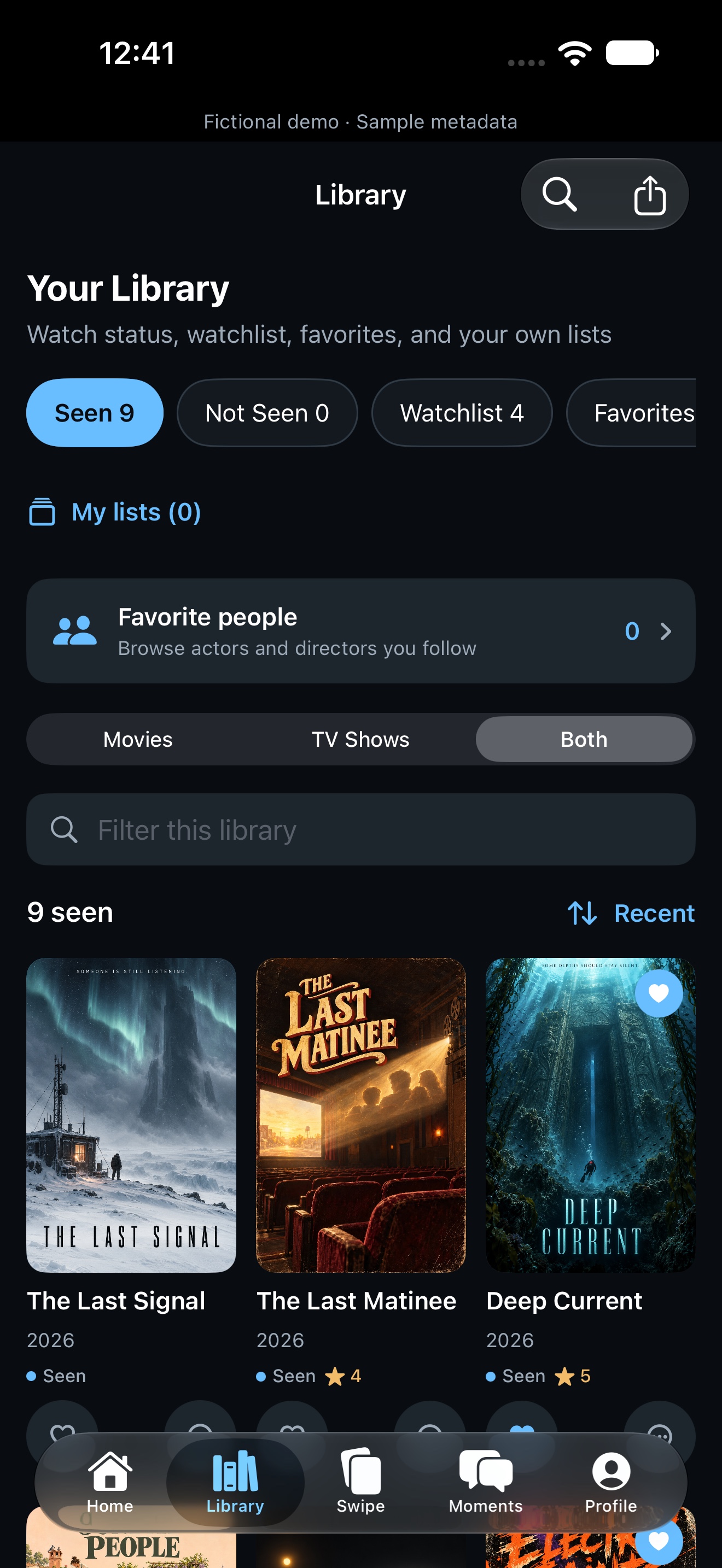 Fictional demo library with original posters, Seen, Watchlist, Favorites and Not Interested collections, ratings and search